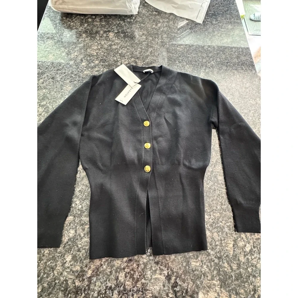 Babaton Aritzia Black tribeca Cardigan Gold Crest Buttons Cinched Waist 2XS NEW‎